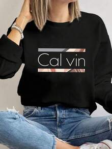 MSUCC|Women's Basic T-Shirt With Round Neck, Print, American Style, Modern And Youthful Design, Suitable For All Seasons And Daily Wear, With Soft Fabric|Women's Long Sleeve Top With Letter And Stripe Print - 黑色 - 查看 1