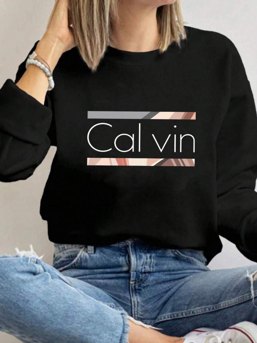 MSUCC|Women's Basic T-Shirt With Round Neck, Print, American Style, Modern And Youthful Design, Suitable For All Seasons And Daily Wear, With Soft Fabric|Women's Long Sleeve Top With Letter And Stripe Print - 黑色 - 查看 1