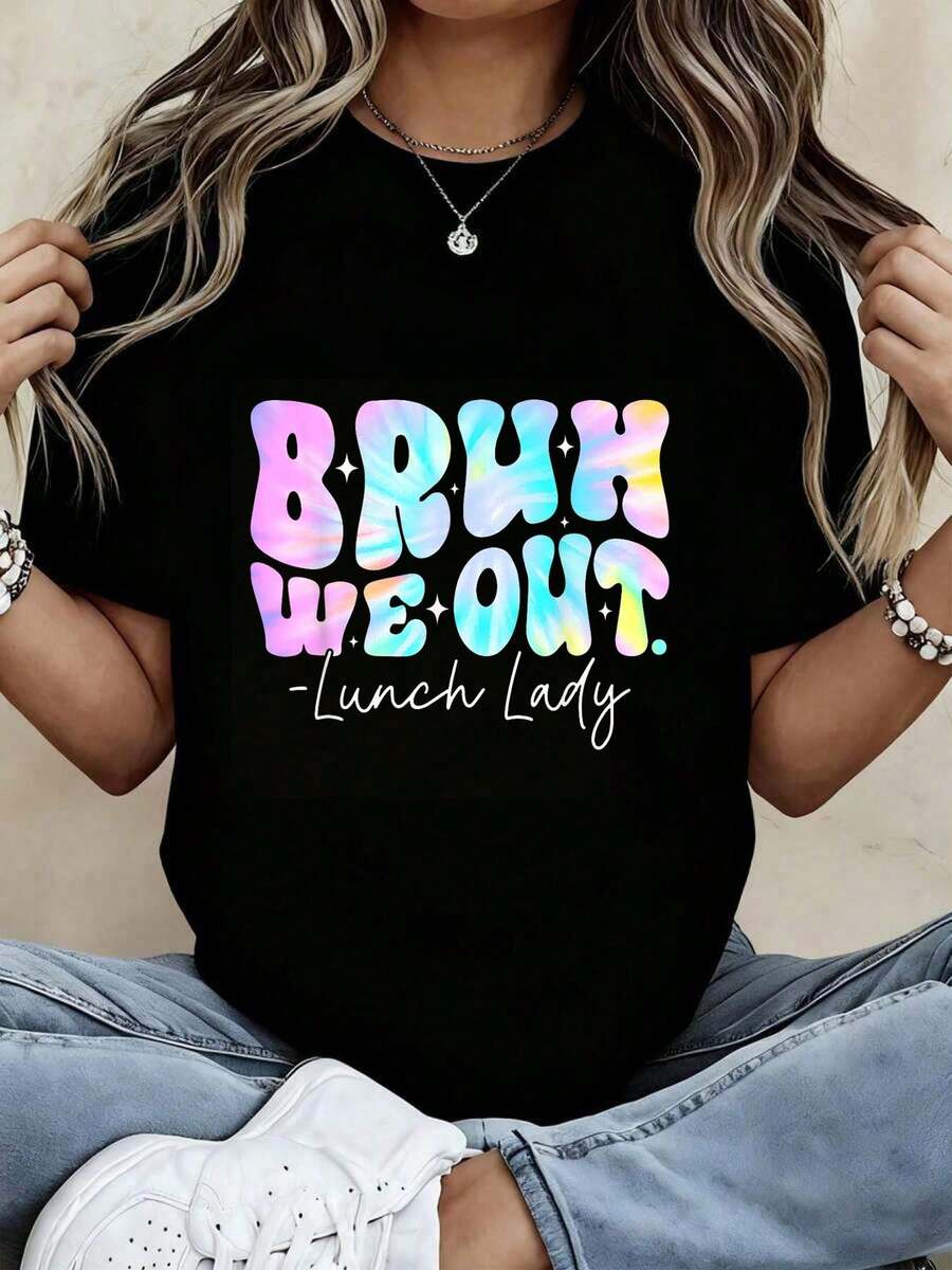 Women's Casual Sports T-Shirt - Black Stretch Crew Neck T-Shirt With Colorful BREAST WE OUT Text. Machine Washable, Comfortable Fit And Suitable For All Seasons. - 黑色 - 查看 1