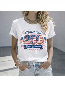 Women's Printed T-Shirt - Casual Short Sleeve Crew Neck T-Shirt In White With Patriotic American Design. With A Relaxed Fit For All Seasons, The Perfect Choice For Everyday Wear Or Your Holiday Outfits (Machine Washable). - 白色 - 查看 1