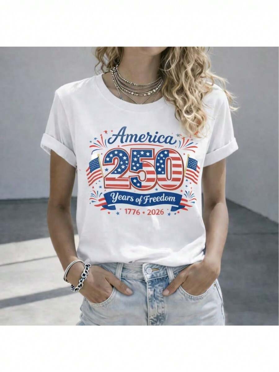 Women's Printed T-Shirt - Casual Short Sleeve Crew Neck T-Shirt In White With Patriotic American Design. With A Relaxed Fit For All Seasons, The Perfect Choice For Everyday Wear Or Your Holiday Outfits (Machine Washable). - 白色 - 查看 1