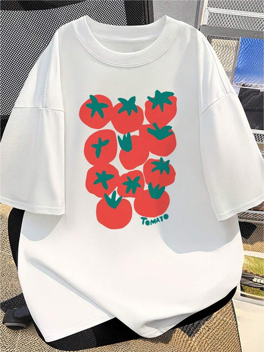 Short-Sleeved T-Shirt With Tomato Illustration Print, Summer Style, Simple And Cute, Unisex, Suitable For Couples, Casual Top, Fashionable. - 白色 - 查看 1