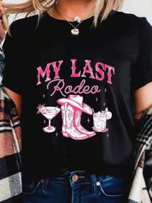 Women's Short-Sleeved T-Shirt, 100% Pure Cotton, "My Last Rodeo" Design – Pink Cowboy Boots, Hat, And Cocktails, Perfect For Bachelorette Parties And Weddings. This Casual Crew Neck T-Shirt Is Designed Specifically For Women And Is Machine Washable, Making It Ideal For Everyday Casual Wear And Special Occasions. Great Gift Idea! - 黑色 - 查看 1