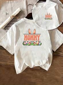| Exquisite Design | Loose And Comfortable | Easy To Match | T-Shirt With Front And Back Print, Easter Mom And Bunny Ears Design, Round Neck, Short Sleeve, Casual Style For Women, Comfortable Fit, Skin-Friendly Fabric, Classic Design, A Must-Have Fashion Item For Women. - 白色 - 查看 7