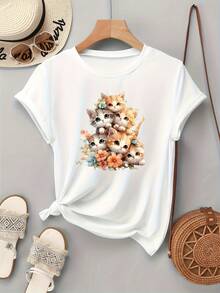 | Exquisite Design | Loose And Comfortable | Easy To Match | Summer T-Shirt With Cat Print, Korean Casual Style, Round Neck, Short Sleeves - 白色 - 查看 3
