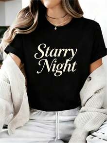 Women's Casual Sports T-Shirt Starry Night - Black Elastic Round Neck T-Shirt With Starry Design, Machine Washable, Comfortable Fit And For All Seasons, Combined With White Rope Pants, Perfect For A Casual And Elegant Look. - 黑色 - 查看 6