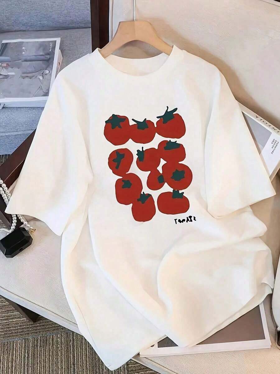 High-Quality Short-Sleeved Camisole With A Small Tomato Print, Casual Style - Perfect Choice For Summer. Comfortable And Fashionable For Women - Soft And Breathable, Suitable For Everyday Casual Wear. Soft Fabric. Suitable As A Gift. Women's T-Shirt. Blouses > Elegant. Boho Chic. Soft, Breathable, And Comfortable Women's Top, Ideal For Spring, Summer, And Autumn, Perfect For Vacations, Travel, And Everyday Wear. - 白色的 - 查看 1