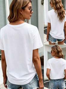 1 Piece Of High-Quality Women's Plus-Size T-Shirt, Cotton, Size M, Round Neck, Short Sleeves, Loose Fit, Floral Print, Casual Everyday Wear, Soft And Breathable T-Shirt, Colorful, Plus-Size Fashion, Comfortable Summer Top. Round Neck, 100% Cotton, Soft Fabric, Short Sleeve - 白色 - 查看 2