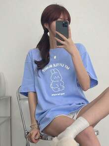 Camiseta Casual de Verano para Mujer , Manga Corta, con Estampado de Lema, Camisetas Bonitas, Camiseta Oversize, Camisetas con Gráficos, Ropa para Maestras - Azul - Ver 2
