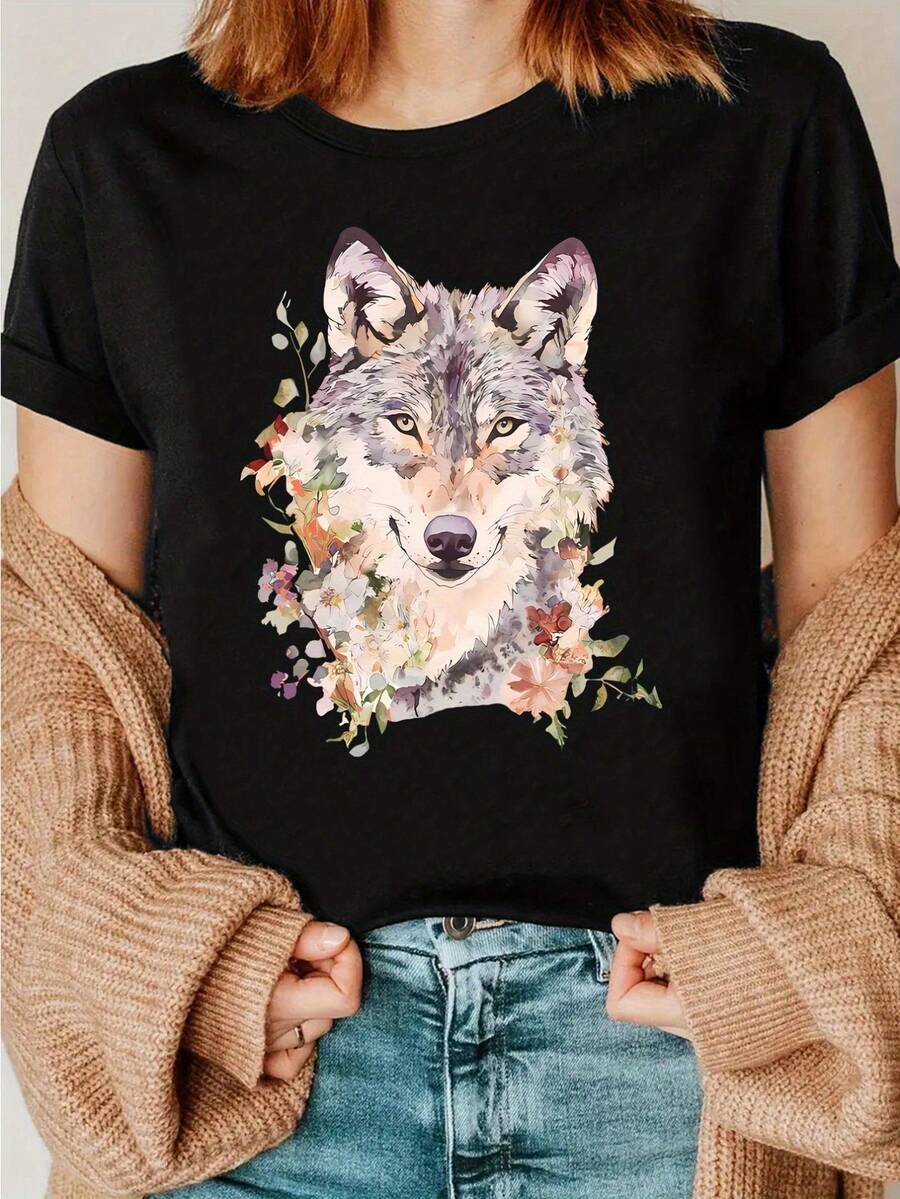 Camiseta con estampado de lobo en acuarela, camiseta con diseño de lobo vintage, hermosa camiseta con estampado de animales que recuerda una pintura de acuarela, un regalo para los amantes de la naturaleza, camiseta de arte abstracto - Negro - Ver 1