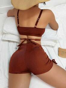 Swim Basics Conjunto de bikini sexy de un solo color con diseño de cruz para mujer, ideal para playa de verano - Marrón 2 - Ver 2