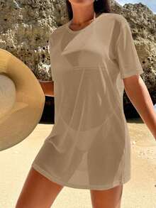 Vestido kaftan de mujer de unicolor con cuello redondo y manga corta, para usar en vacaciones - Caqui - Ver 5