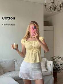 de manga corta casual y versátil con cuello cuadrado para mujer, top amarillo de verano - Amarillo - Ver 12