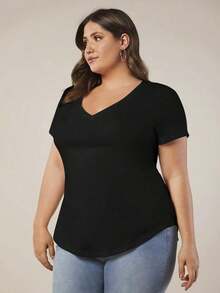 BASICS Camiseta casual versátil de manga corta y cuello en V de talla grande para mujer - Negro - Ver 3