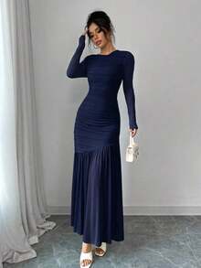 Vestido largo de manga larga con cuello redondo y malla para mujer, vestido casual de otoño.Adecuado para ropa de otoño, atuendo de regreso a clases, atuendo de maestro - Azul marino - Ver 7