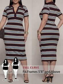 Vestido casual de talla grande para mujer con mangas cortas, rayas y botones con media cartera - Multicolor - Ver 2