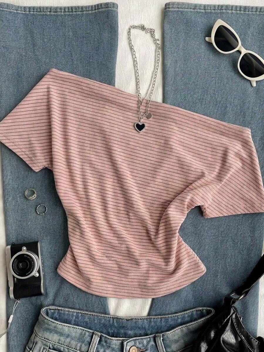 Camiseta de punto a rayas con hombros descubiertos para mujer - Rosa 2 - Ver 1