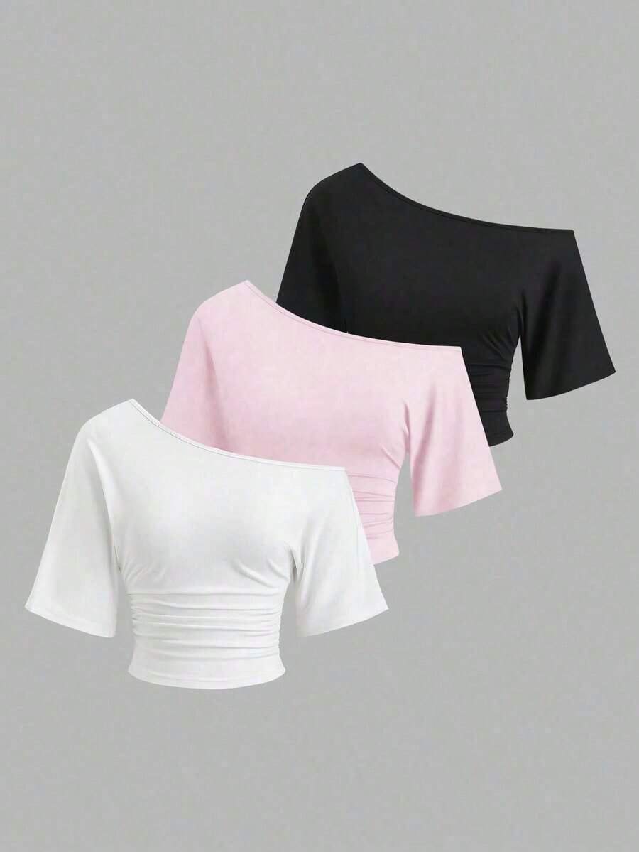 Nuevo conjunto de 3 piezas ajustado con hombros descubiertos, estilo sexy europeo y americano.Camiseta de unicolor versátil y casual para mujer, adecuada para primavera/verano, uso diario, ir al trabajo, citas - Multicolor 7 - Ver 1