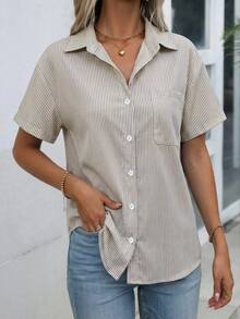 Blusa de mujer con rayas, blusa casual de manga corta, de verano - Caqui - Ver 4