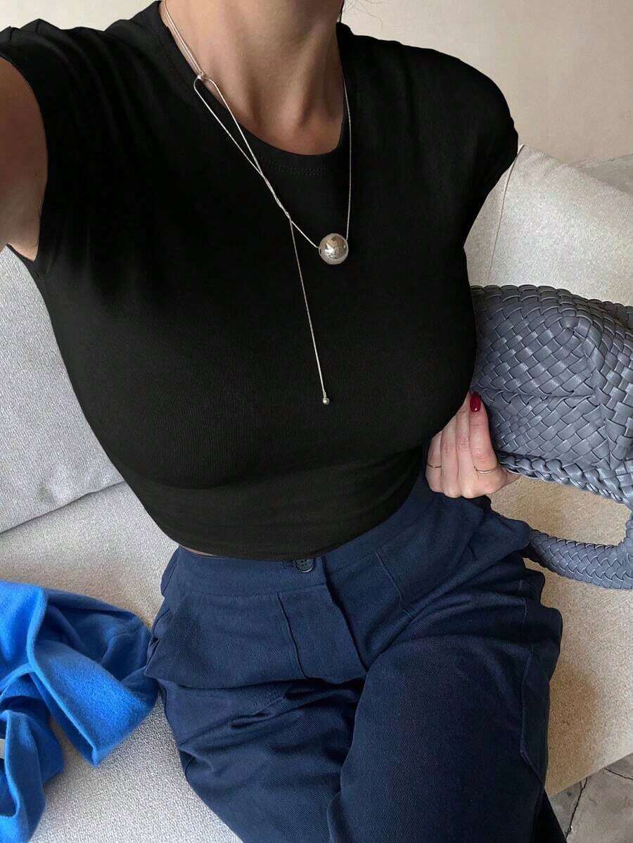 Top corto y ajustado de unicolor de verano para mujer, camiseta informal empresarial - Negro - Ver 1