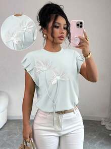 Camiseta de mujer con flores tridimensionales lindas y contrastantes para verano y otoño - Azul menta - Ver 8