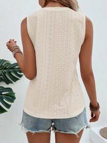 Top holgado de verano sin mangas de cuello redondo, unicolor, con bordado quemado - Beis - Ver 2