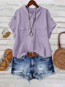 Camisa casual de moda cómoda para mujer de talla grande, de unicolor, con cierre de botones completo, cuello de solapa, manga corta y bolsillos dobles - Morado - Ver 3
