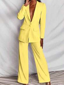 Conjunto de blazer y pantalones de unicolor y manga larga minimalista para mujer - Amarillo - Ver 6