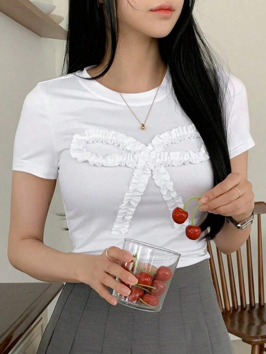 Camiseta ajustada de manga corta con cuello redondo, volantes y lazo, unicolor para mujer, crop top para mujer en Pascua - Blanco - Ver 1