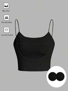 Camiseta de tirantes finos de un solo color simple, uso casual de todos los días para mujeres - Negro - Ver 10