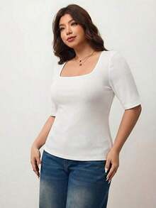 Camiseta de manga corta de cuello cuadrado de ajuste ceñido y elástica para mujer de talla grande, camiseta primavera y verano amigable con la piel, compatible con curvas redondeadas del Body, compatible con la forma del Body redondeada de Apple/20 - Blanco 2 - Ver 3