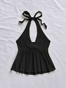 Bata escote en V con lazo y espalda descubierta informal de estilo casual para vacaciones, adecuada para el verano - Negro - Ver 2