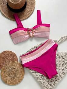 Conjunto de bikini con empalme y bloqueo de color, seductor y con Charm maduro - Rosa - Ver 1