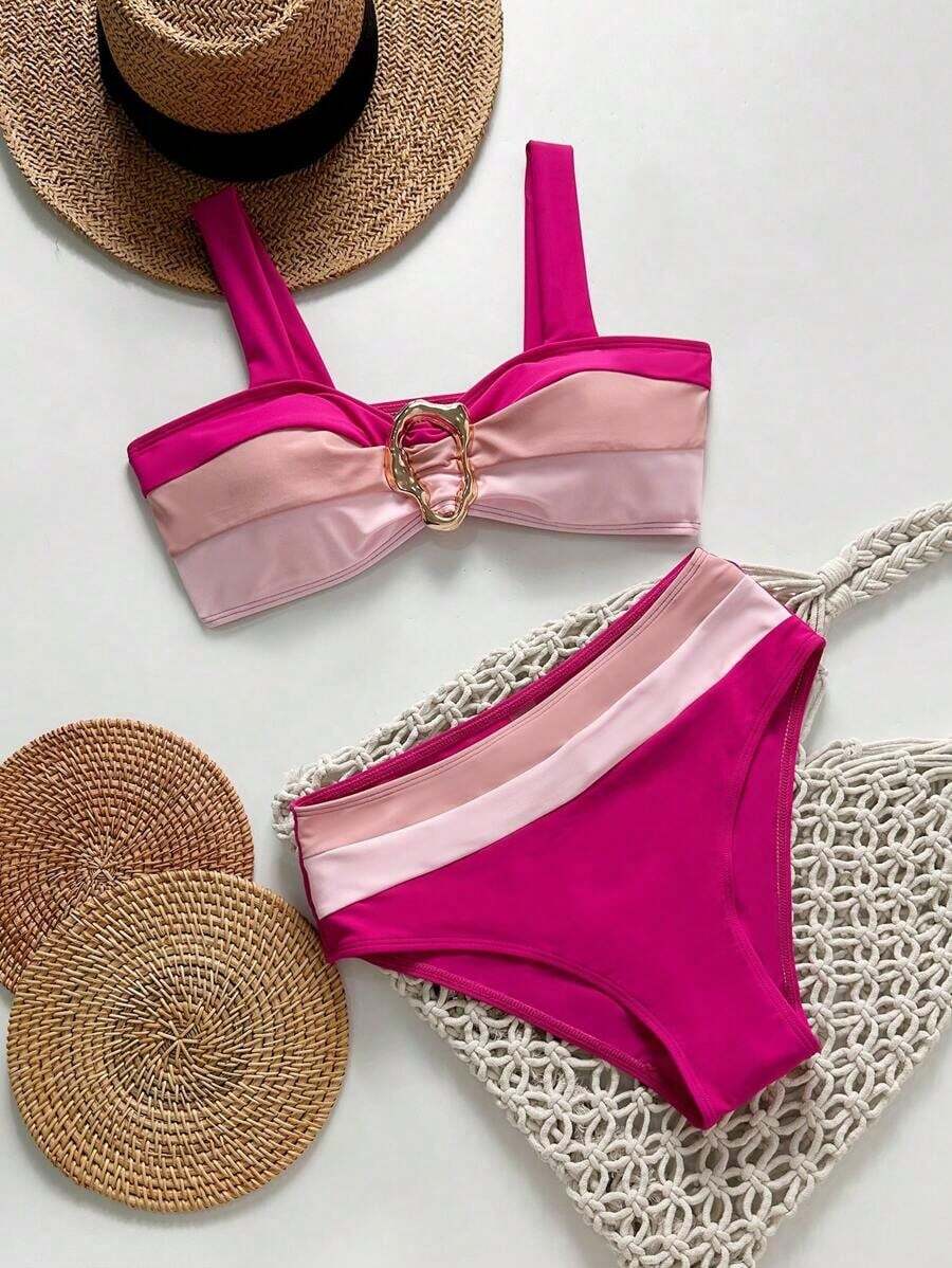 Conjunto de bikini con empalme y bloqueo de color, seductor y con Charm maduro - Rosa - Ver 1