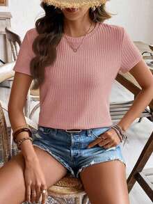 de manga corta para la primavera y el verano con cuello redondo y unicolor en tela texturizada para uso casual - Rosa vieja - Ver 5