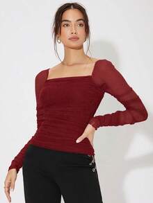 Camisa De Malla Plisada Con Cuello Brillante - Burdeos - Ver 3