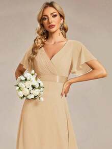 Vestido de dama de honor con cuello en V elegante, mangas con volantes y mariposa, color verde salvia, vestido de invitada de boda, vestido de primavera semi-formal para boda, fiesta de cumpleaños, graduación, Día de San Valentín - Champán - Ver 5