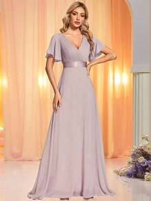 Vestido de dama de honor con cuello en V elegante, mangas con volantes y mariposa, color verde salvia, vestido de invitada de boda, vestido de primavera semi-formal para boda, fiesta de cumpleaños, graduación, Día de San Valentín - Púrpura malva - Ver 7