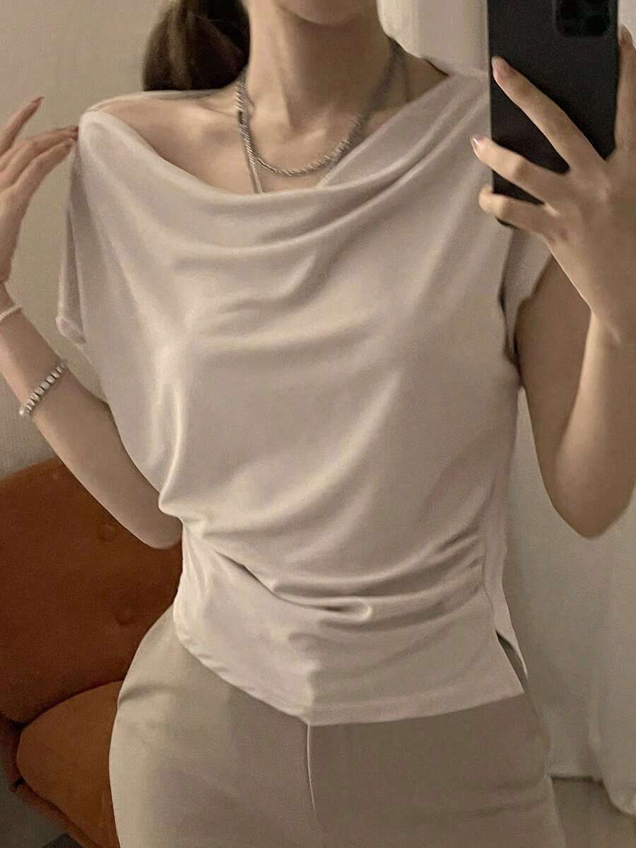 Camiseta de manga corta ajustada con cuello asimétrico y fruncido, de unicolor, para salir, para mujer de verano - Blanco 2 - Ver 1