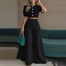 Elegant Spring Outfit For Women, Short Button-Down Blouse And Flared Trousers, Fashionable Style - Black - View 3