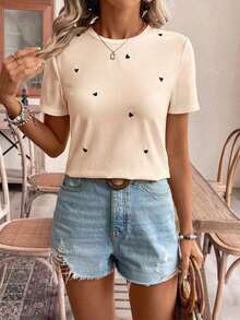 Frenchy Camiseta casual de manga corta para uso diario con corazón bordado en hilo dorado para mujer, camiseta de verano para mujeres con atuendo de fiesta de té de algodón, parte superior bordada, camiseta de algodón para mujeres.Tops de verano - Multicolor 2 - Ver 5