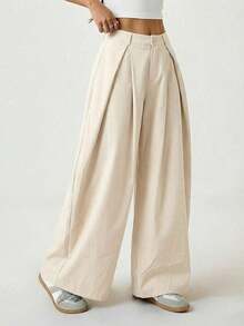 Pantalones anchos de verano con dobladillo curvo verde, estilo vintage, casual y para salir - Albaricoque - Ver 7