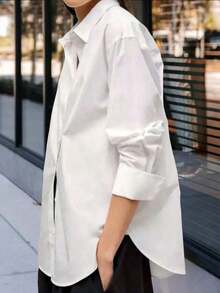 Camisa de mujer con botones, ajuste clásico, camisa de vestir, para trabajo y casual, blusa de manga larga, color blanco, para primavera - Blanco - Ver 4