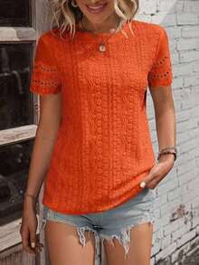 Camiseta casual de mujer de manga corta, cuello redondo, con decoración de estampado quemado y bordado - Naranja - Ver 4