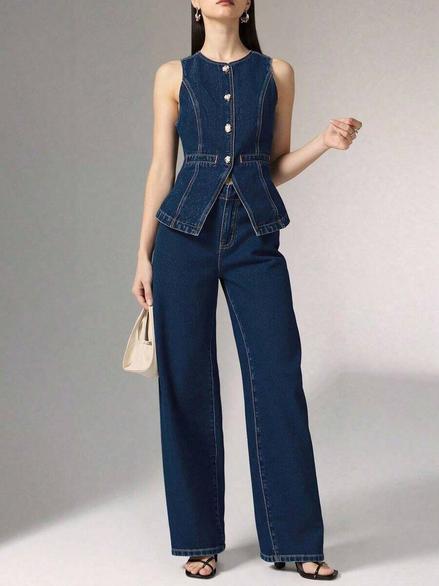 Conjunto de 2 piezas con top sin mangas con botones metálicos y aberturas en la Bottom, y pantalones vaqueros de pierna ancha de cintura alta - Conjunto elegante de mezclilla, pantalones vaqueros de pierna ancha y holgada, pantalones vaqueros de mujer de talle alto, FW25 - Azul lavado oscuro - Ver 1