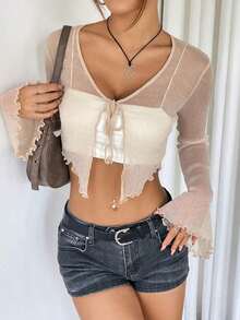 Top corto de malla de manga larga y frente con hebilla para mujer en unicolor con brillo para verano - Albaricoque - Ver 7