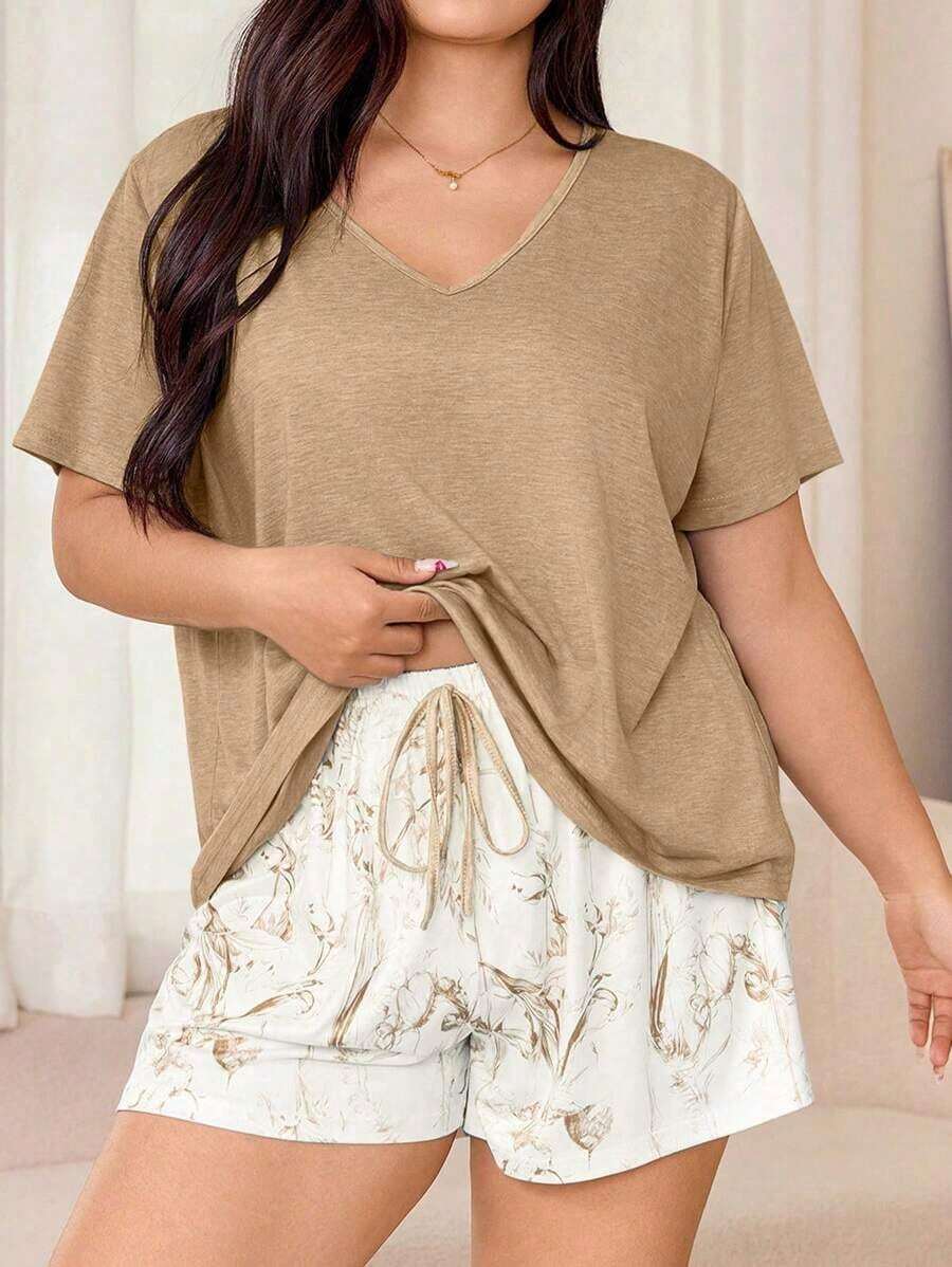 Miss Vinta Set de 2 piezas Pijama de mujer de talla grande con top de manga corta escote en V y shorts con estampado floral.Conjunto de pijama de verano cómodo de mujer con pantalón corto y top, ropa de estar por casa de verano - Caqui - Ver 1