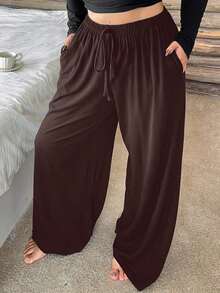 Plus Size Women's Straight Leg Pajama Pants With Elastic Waist And Drawstring, Solid Color Lounge Pants For Autumn And Winter - 棕色 - 查看 1