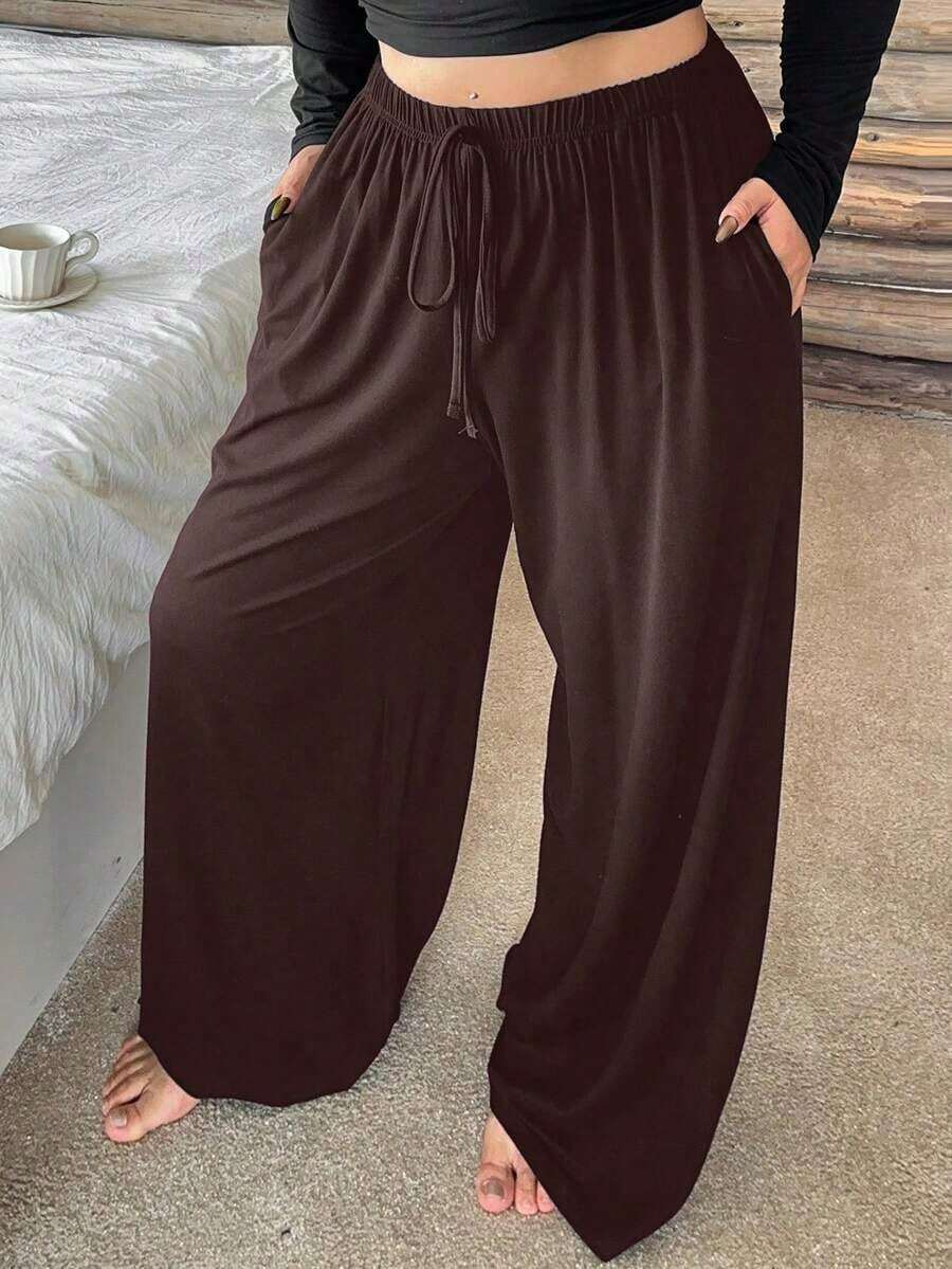 Plus Size Women's Straight Leg Pajama Pants With Elastic Waist And Drawstring, Solid Color Lounge Pants For Autumn And Winter - 棕色 - 查看 1
