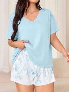Miss Vinta Women's Plus Size 2-Piece Pajama Set With Short-Sleeve V-Neck Top And Floral Print Shorts. Comfortable Summer Pajama Set For Women With Shorts And Top, Summer Loungewear - 賽萊斯特 - 查看 10